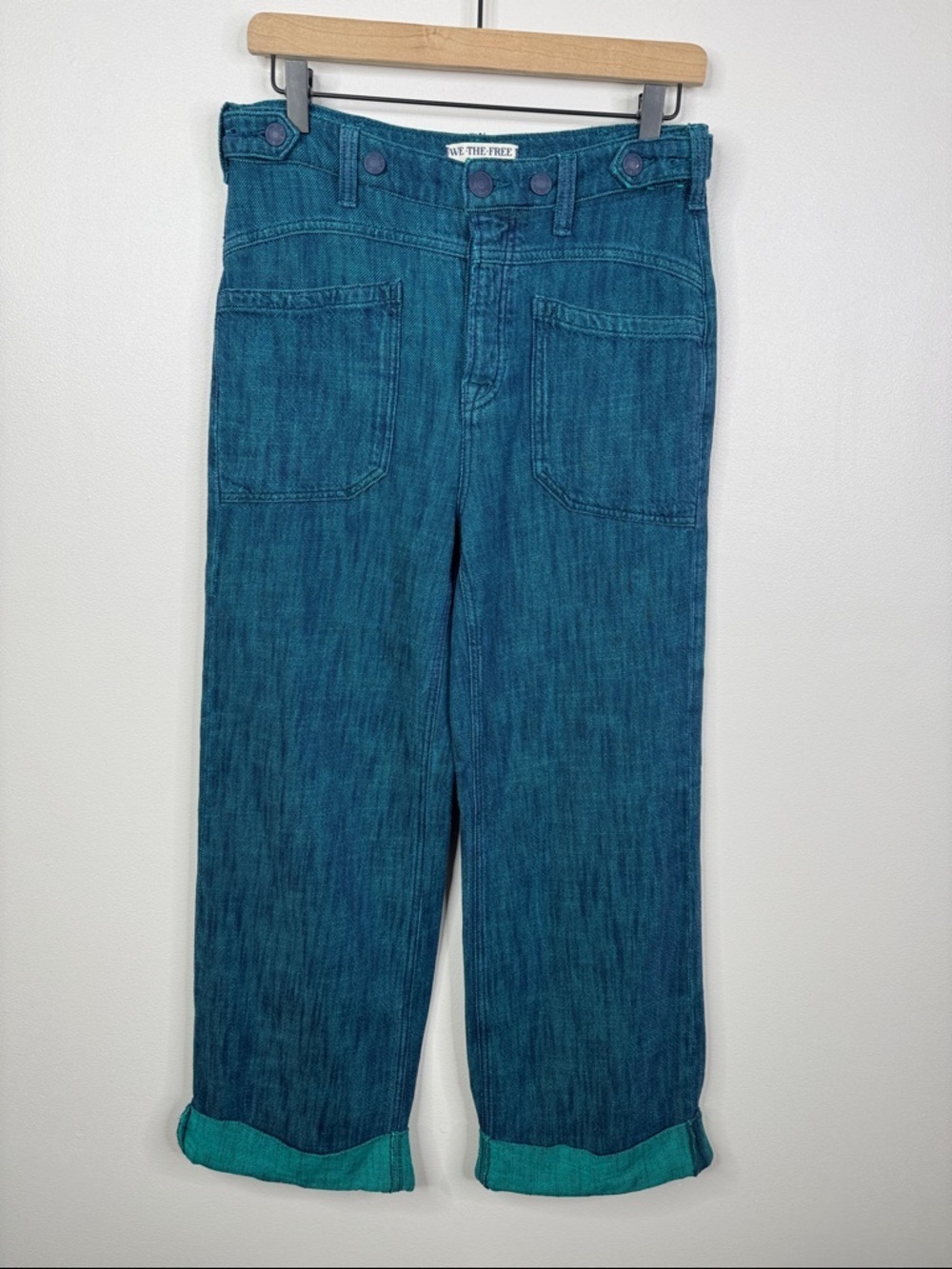 Free People We The Free Palmer Yarn Dyed Wide Leg Cuffed Jeans Lagoon Blue 24